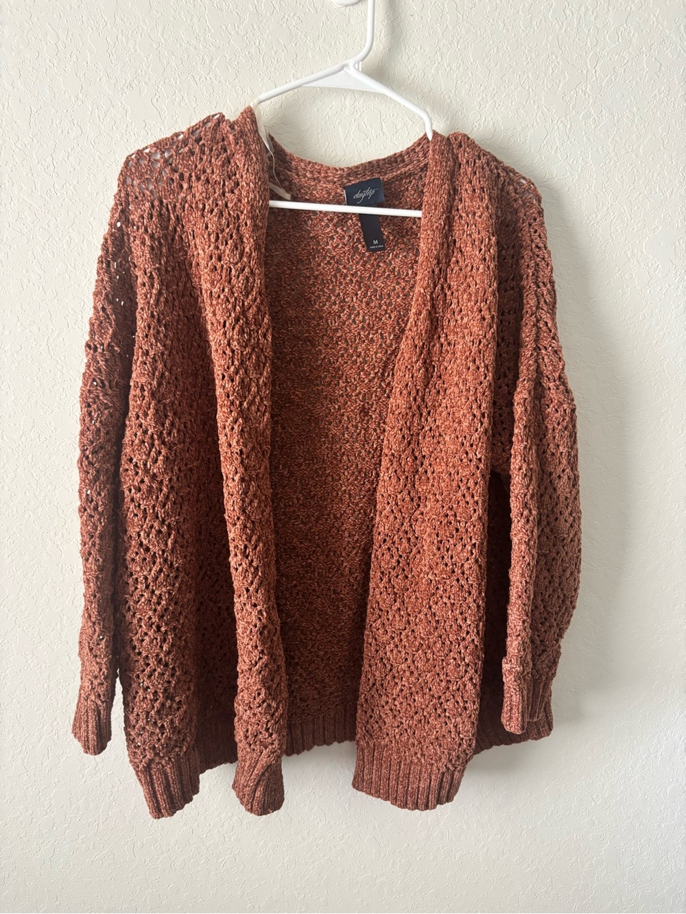Daytrip Buckle Cardigan M Rust Orange Pointelle Open Knit Boho Fall Sweater